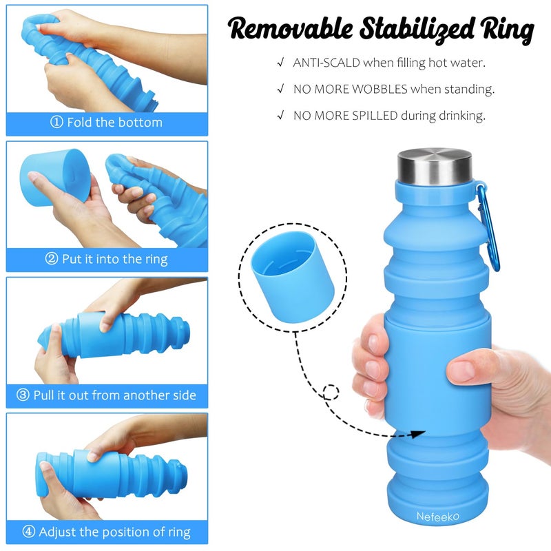 Nefeeko Collapsible Water Bottle, 18floz Reuseable BPA Free Silicone Foldable Water Bottles for Travel Gym Camping Hiking, Portable Leak Proof Sports Water Bottle with Carabiner - Image 4